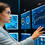 A professional female cybersecurity analyst, fully clothed in a modest business casual suit, intently focused on multiple large data screens in a state-of-the-art Security Operations Center (SOC). The screens display complex, abstract data visualizations, network graphs, and log data streams, symbolizing a vast influx of information being intelligently processed. The overall scene is clean, high-tech, and brightly lit, conveying clarity and control. perfect anatomy, correct proportions, natural pose, well-formed hands, proper finger count, natural body proportions, professional photography, high quality, safe for work, appropriate content, family-friendly.