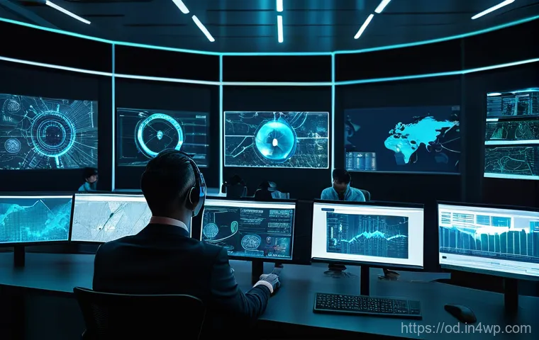 SIEM 시스템 운영 자동화를 위한 도구 - **Image Prompt 1: AI-Powered Security Operations Center**
A futuristic, high-tech security opera...