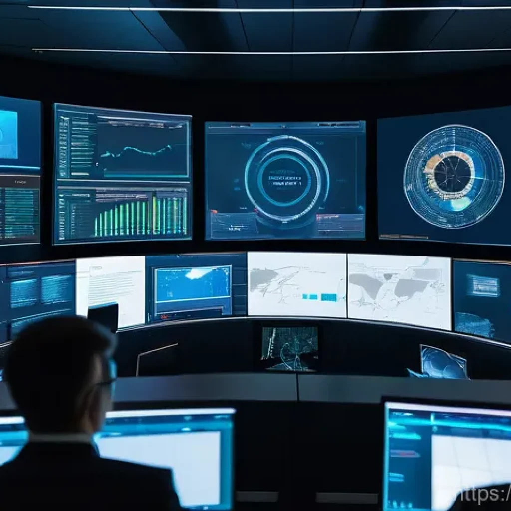 위협 인텔리전스를 활용한 SIEM 효과 극대화 - A high-tech Security Operations Center (SOC) with multiple large screens displaying intricate dashbo...