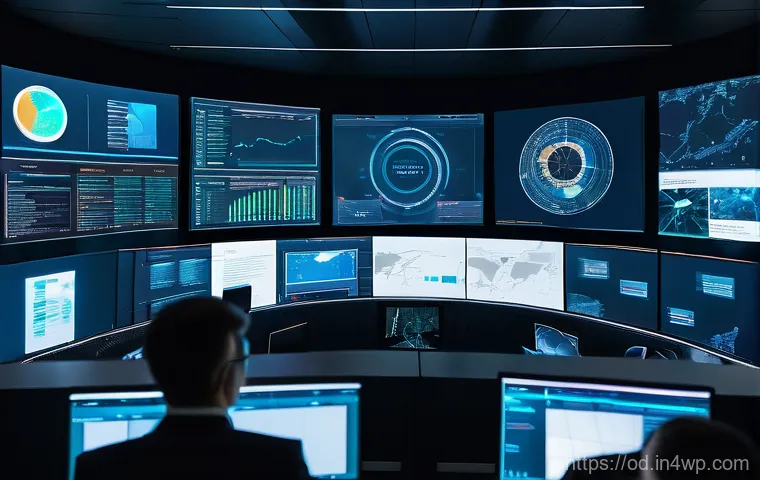 위협 인텔리전스를 활용한 SIEM 효과 극대화 - A high-tech Security Operations Center (SOC) with multiple large screens displaying intricate dashbo...
