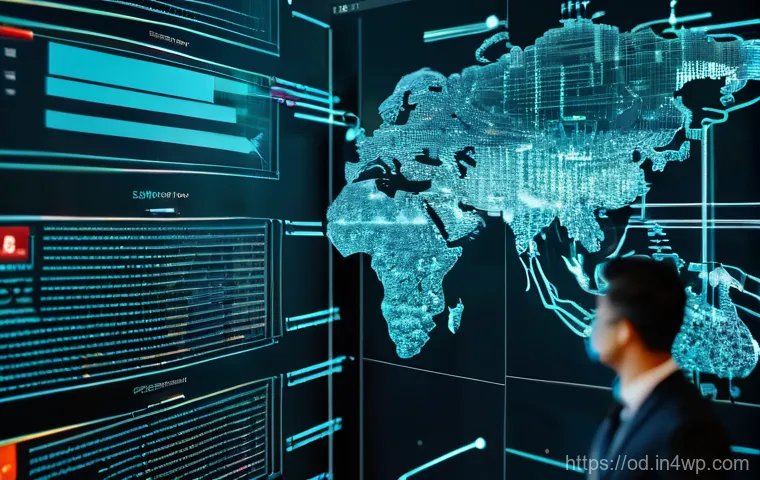 위협 인텔리전스를 활용한 SIEM 효과 극대화 - A high-tech Security Operations Center (SOC) with multiple large screens displaying intricate dashbo...