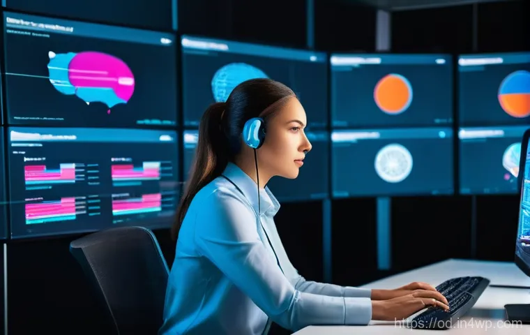 SIEM 솔루션의 사용자 정의 대시보드 생성 팁 - A professional female cybersecurity analyst, in her late 20s, with a focused expression, is working ...