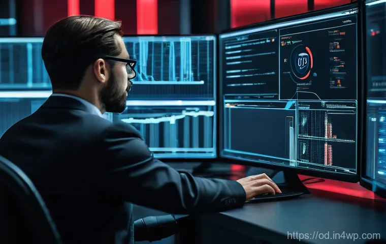 SIEM 솔루션의 사용자 정의 대시보드 생성 팁 - A professional female cybersecurity analyst, in her late 20s, with a focused expression, is working ...