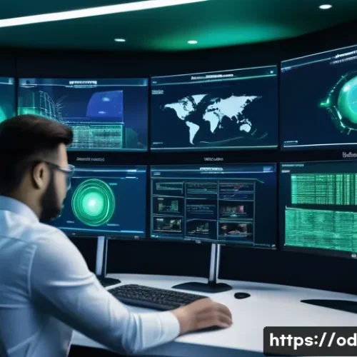 Home 31 사이버 위협의 진화와 SIEM의 대응 전략 - A futuristic cybersecurity operations center with diverse digital screens displaying real-time SIEM ...
