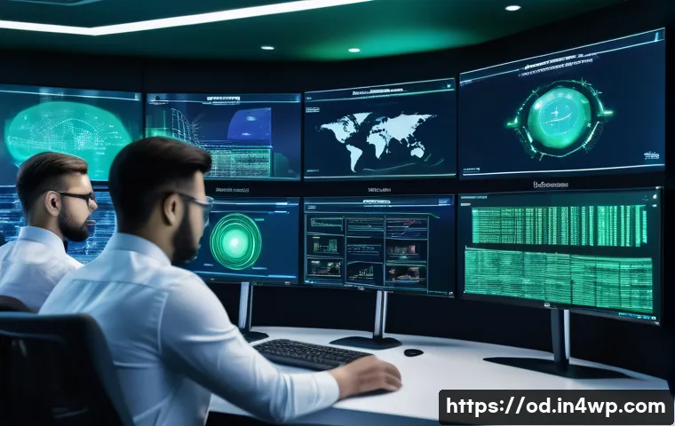 사이버 위협의 진화와 SIEM의 대응 전략 - A futuristic cybersecurity operations center with diverse digital screens displaying real-time SIEM ...