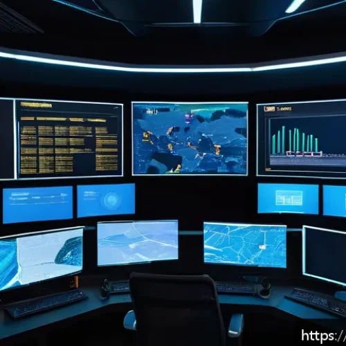 Home 30 SIEM 시스템의 데이터 프라이버시 보호 방안 - A high-tech cybersecurity operations center with multiple large digital screens displaying real-time...