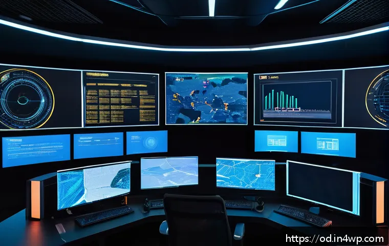 SIEM 시스템의 데이터 프라이버시 보호 방안 - A high-tech cybersecurity operations center with multiple large digital screens displaying real-time...